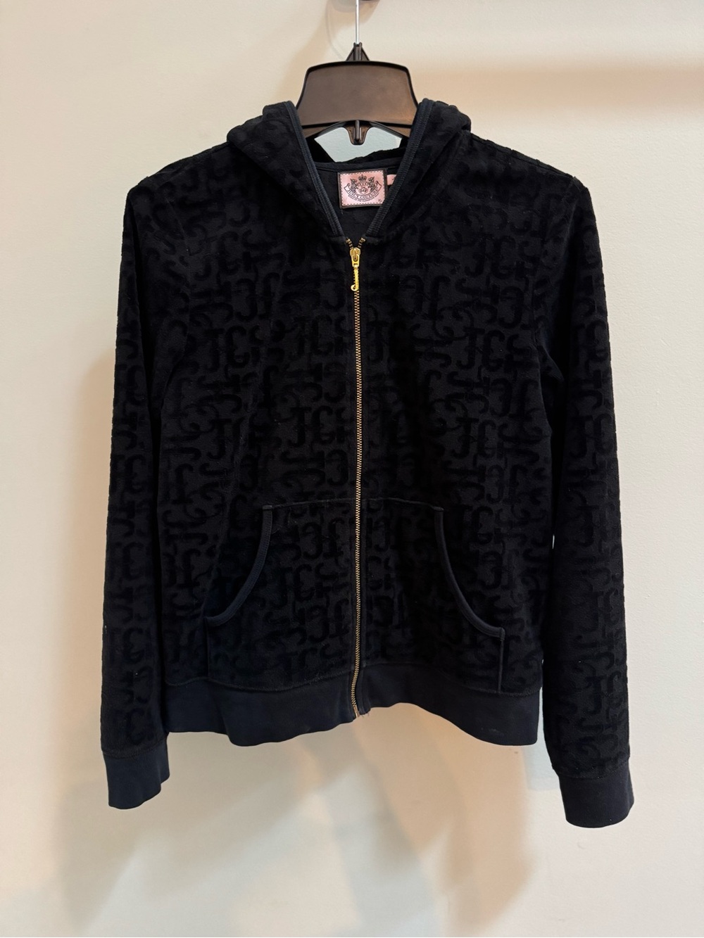 Vintage Juicy Couture Black Embossed Velour Velvet-feel Zip Hoodie Size XL